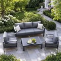 Amopatio grey aluminum patio sectional set with 5 inch thick olefin cushions and an imitation-wood coffee table