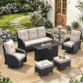 Amopatio 7 piece black and beige patio set with swivel rocker chairs and a built-in 43 inch propane fire pit table