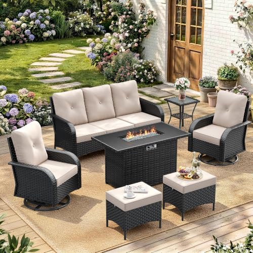 Amopatio 7 piece black and beige patio set with swivel rocker chairs and a built-in 43 inch propane fire pit table