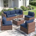 Amopatio 7 piece navy blue modular outdoor sectional set with steel frame and PE rattan, including a coffee table